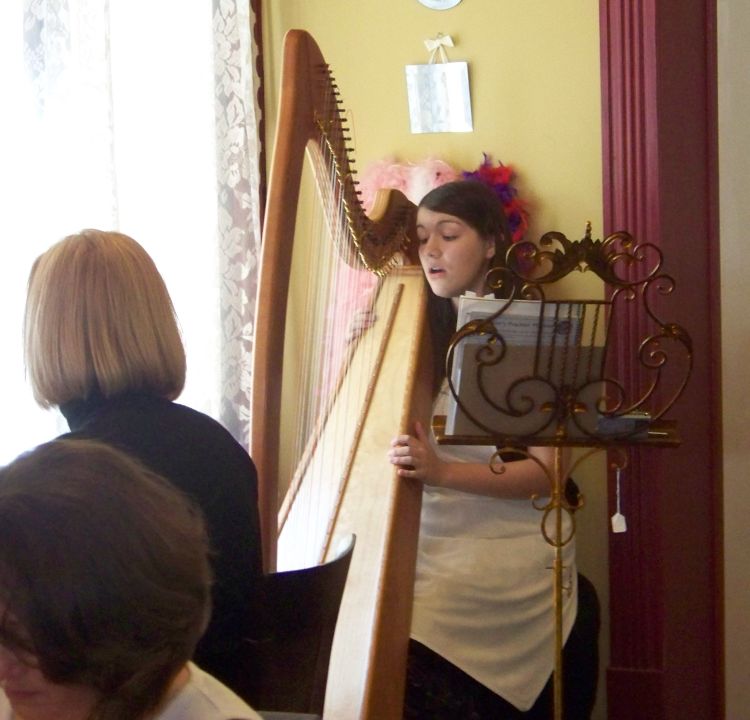 Another picture of Brittany Gordon singing and accompanying herself on the harp at her National American Miss Sponsor Tea, October 2008