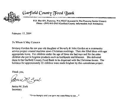 Thank you letter from the Garfield County Food bank